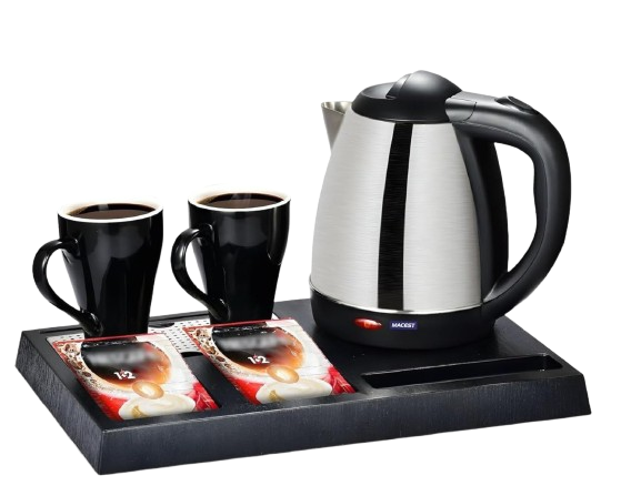 غلاية كهربائية من الستانلس ستيل بسعة 1.5 لتر مع كوبين وصينية ضيافة  – 1500 واط