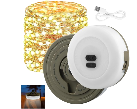 سلسلة أضواء LED متعددة الاستخدامات  مع مصباح تخييم – قابلة للشحن