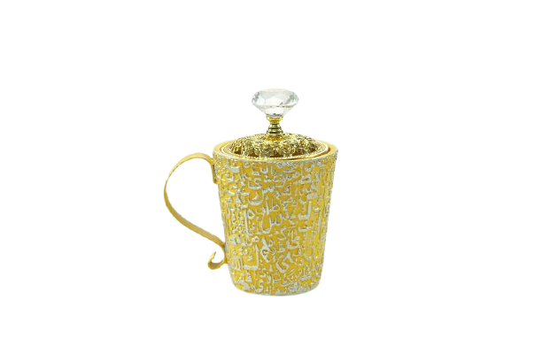 Mubakhar cup in gold decorated with letters