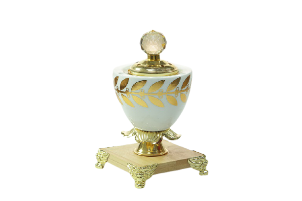 White incense burner with wooden base - decorated with leaves